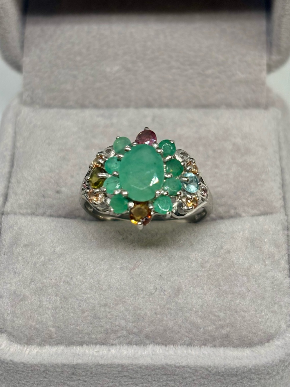 925 Sterling Silver Emerald & Tourmaline Cluster Ring, size 8.5
